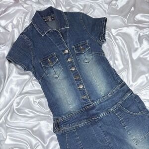y2k Denim Mini Dress Blue Misdemeanor Button Up Belted Short Sleeve M